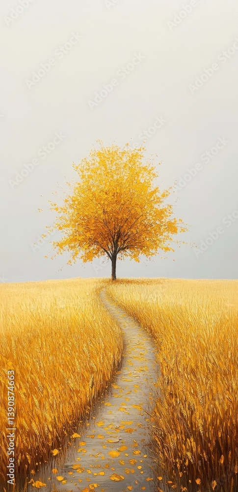 Poster a tree stands in the middle of an endless wheat field, with golden leaves and a path leading to it. 