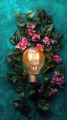 Warm light bulb surrounded by flowers and leaves