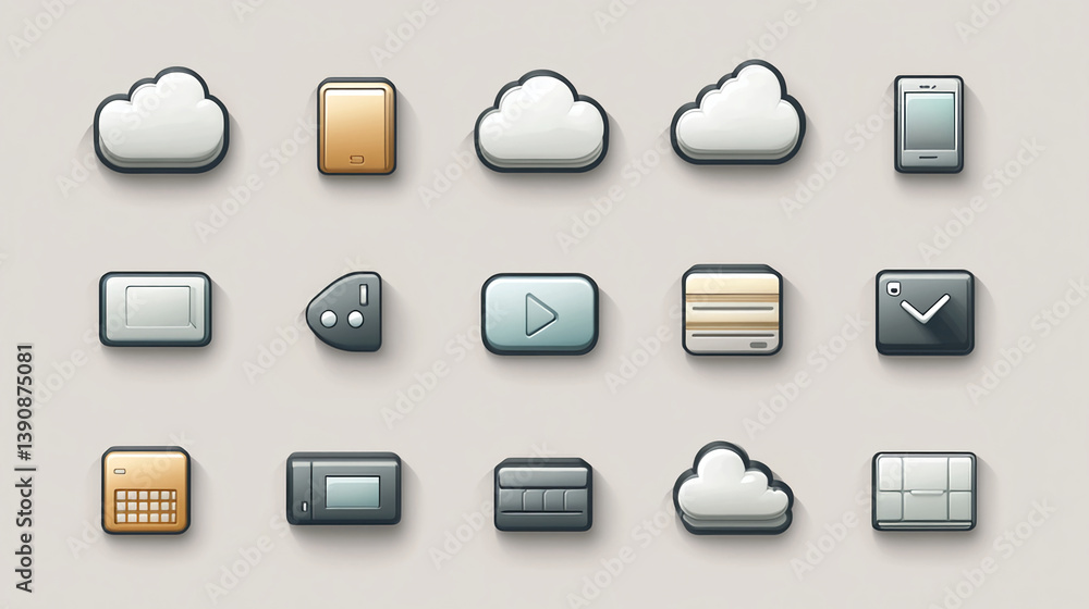 Poster collection of glossy app icons for mobile ui design cloud tablet calendar video player and more elem