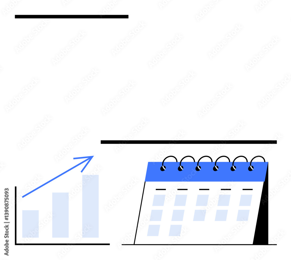 Poster bar chart with rising trend indicated by arrow and spiral-bound calendar highlighting dates. ideal f