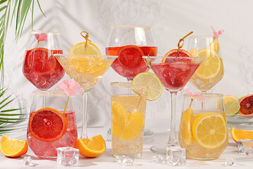 Cocktails from fruits, ice cubes, rum and tequila. Banner with various glasses of alcoholic drinks and tropical fruits. Summer party and relaxation concept. Menu for a bar or cafe