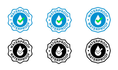 Set waterproof badge vector for product. Collection of water resistant stamps. Water protection, liquid proof protection. circular with water drop check mark. Anti wetting material, 