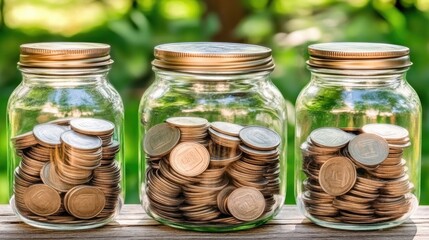 Coins in jars sitting on wooden surface, blurred greenery background