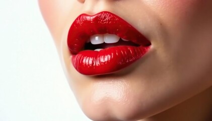 Obraz premium Close-up vibrant red lips, pristine white backdrop, lipstick, perfect, isolated