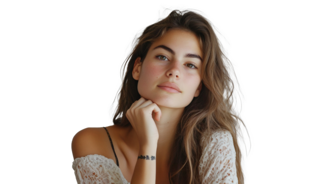 A girl with long brunette hair and a delicate lacy top, looking directly at the viewer with a calm and engaging gaze. 