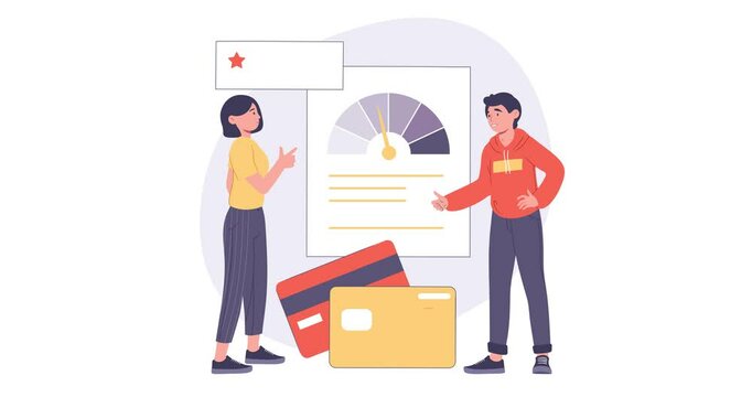 Banking service. Moving banner with bank employee or consultant assessing client credit rating or score for issuing loan. Managing finances, money and budget. Cartoon flat animated graphics