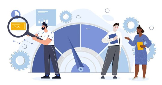 Benchmarking as business compare tool. Performance, quality and cost comparison to competitor companies. Moving banner with entrepreneurs analyzing data. Cartoon flat animated graphics