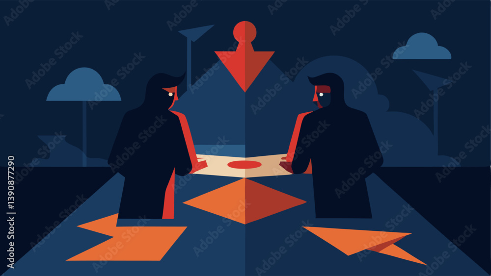 Poster mysterious meeting two shadowy figures huddled around a table with a large map spread out with arrow
