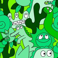 Cartoon doodle animals seamless monsters pattern for kids clothes print and wrapping paper and fabrics