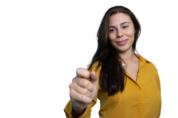 Smiling businesswoman pointing her finger at you, isolated on transparent background