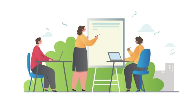 Business activity scene. Moving banner with male and female entrepreneurs or office workers at business conference or meeting. Teamwork and collaboration. Cartoon flat animated graphics