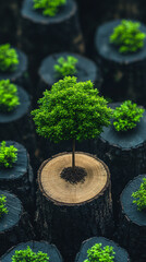 A single tree remains standing among countless stumps in a barren field, symbolizing resilience, hope, and survival amid destruction in the face of modern deforestation and business pressures.

