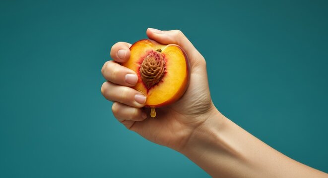 A hand squeezing a juicy peach against a teal background