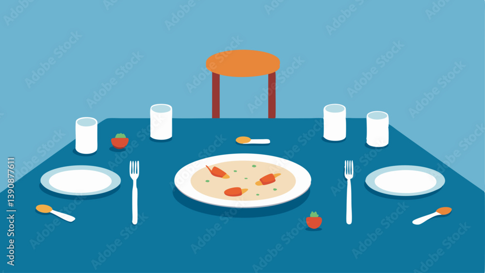 Poster empty plates a dining table with empty plates and untouched food indicating missed meals and the neg