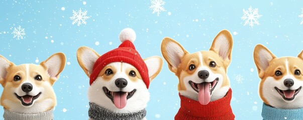 Obraz premium Corgi party concept. Cheerful Corgis wearing festive hats in a winter scene with snowflakes.