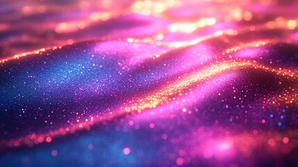 Glitchy hologram texture with shiny neon colours blending iridescent patterns and a gradient design for a 90s retro inspired look