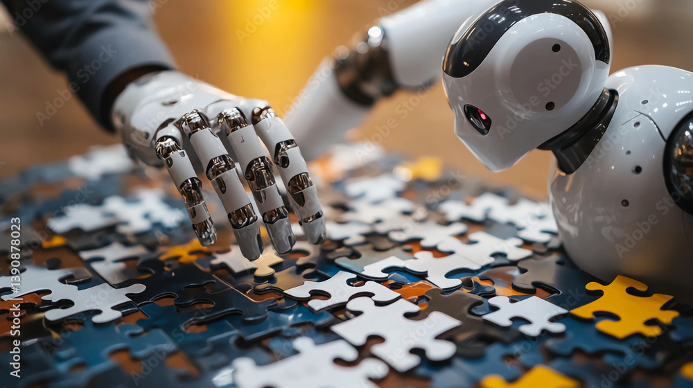 Poster robotics ai solving puzzle concept artificial intelligence automation technology innovation future t