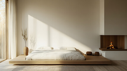 Minimalist bedroom with platform bed, fireplace, and sunlight creates a serene and inviting space for relaxation and rest, with natural elements throughout.