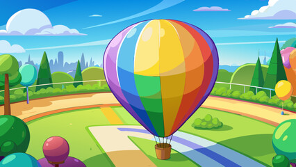 Fototapeta premium Colorful hot air balloon soaring above a vibrant park landscape 