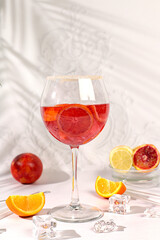 Aperol Spritz cocktails with lemon and orange, ice cubes, rum and tequila. Summer party and holiday concept. Banner with alcoholic drinks and tropical fruits. Menu for a bar or cafe