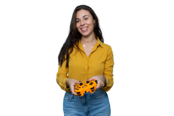 Cheerful female gamer gripping orange controller, gaming intensely against transparent backdrop