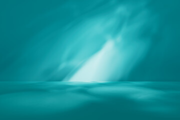 Studio background for display product. Empty room with shadows, caustics and soft lighting for product presentation. Minimalistic showcase for advertisement with turquoise wall and floor.