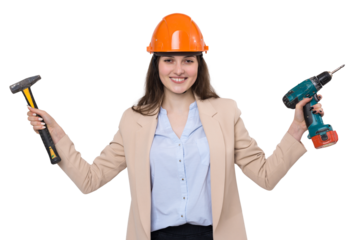 Girl engineer in an orange construction helmet with a screwdriver and a hammer on a white background.