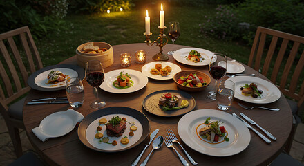 Fototapeta premium Elegant outdoor dinner with candlelight ambiance, multiple courses, and wine. Perfect for a special occasion or romantic evening. 