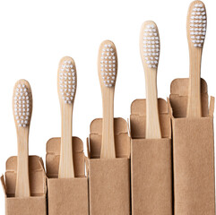 Set of ECO friendly wooden bamboo toothbrushes. Save the planet or NO plastic concept. Isolated on white background.