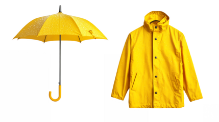 Yellow raincoat alongside a matching umbrella isolated on a transparent background