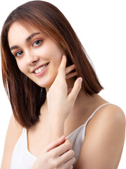 Fototapeta premium Beautiful smiling woman with clean skin, natural make-up and white teeth on a gray background