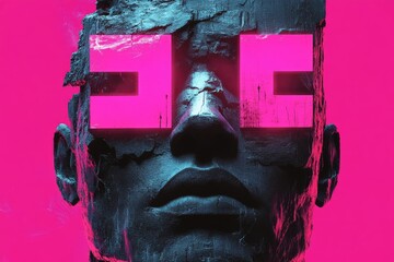 Abstract digital art of a face with cracked stone texture and vibrant pink sunglasses
