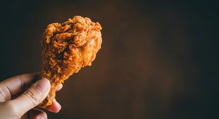 Close-up of hand holding crispy fried chicken drumstick against dark background