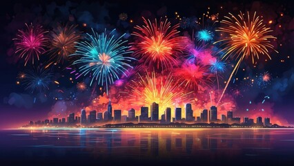 colorful cityscape at night with illuminated buildings and dazzling fireworks lighting up the sky