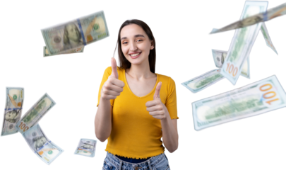 Photo of a wealthy woman in simple clothes holding a fan of dollar money isolated against a concrete wall background