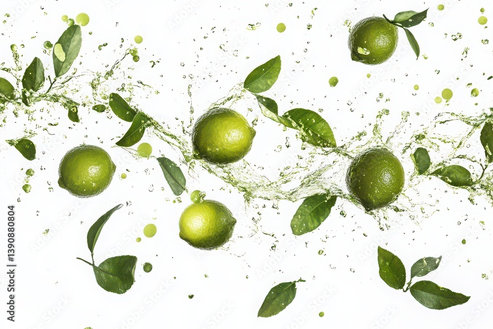 Poster fresh limes splashing with leaves isolated on white background