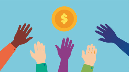Diverse Hands Holding Coins A graphic of diverse hands reaching for a single digital coin but with differing lengths indicating the struggle and varying chances of success in