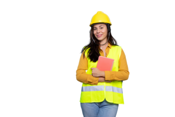 Confident female architect or engineer smiling, holding a notebook, wearing safety vest and helmet, isolated on transparent background