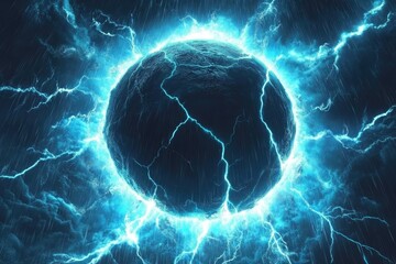 Sphere crackling. Electricity arcs, glows amidst stormy skies, dark, cloudy, rainy background