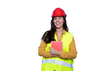 Professional female architect wearing safety vest, holding notebook, confidently posing against transparent background