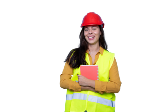 Professional female architect wearing safety vest, holding notebook, confidently posing against transparent background