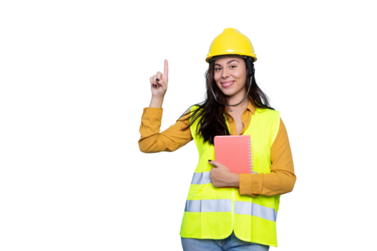 Professional female architect wearing safety vest, holding notebook, pointing upward against transparent background