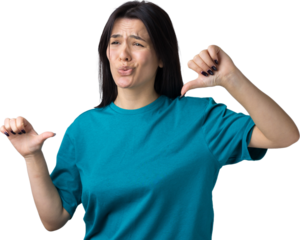 Young brunette in a blue tank top giving thumb down gesture looking with negative expression