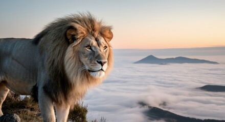 Majestic lion overlooking a serene mountain landscape at sunrise