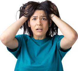 Portrait of attractive lady holding hands on head. Human face expressions and emotions.