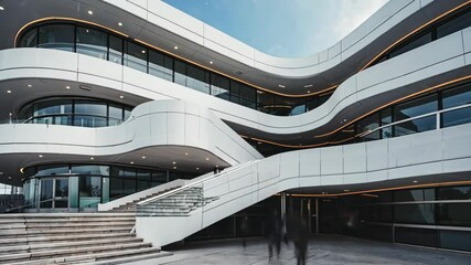 Contemporary architectural modern building with curved lines and sleek white exterior, featuring large windows, timelapse people fast motion, representing innovation, minimalism, urban design concept.