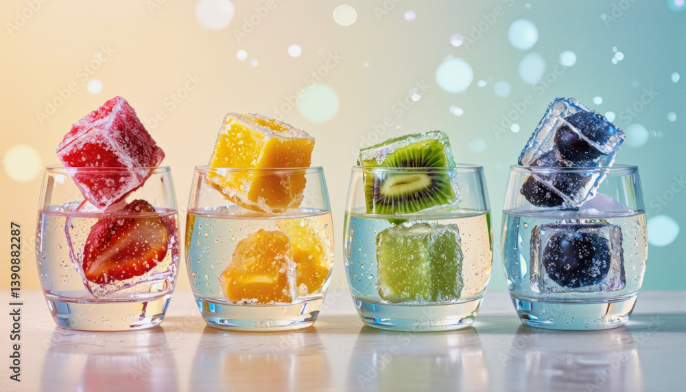 Poster vivid design food and beverage advertisement: five glasses filled with sparkling water showcase colo