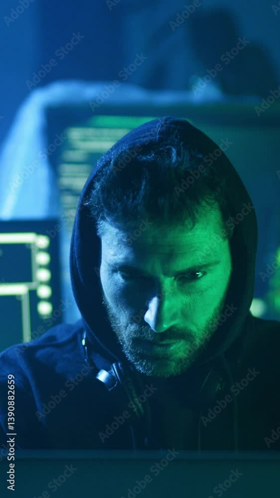 Poster a man wearing a hoodie is intently focused on a computer screen