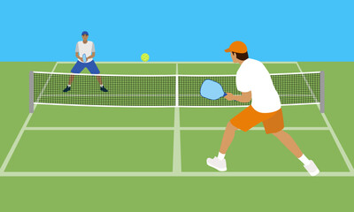 Two players engaging in a competitive pickleball match