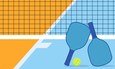 Pickleball equipment on court with net background